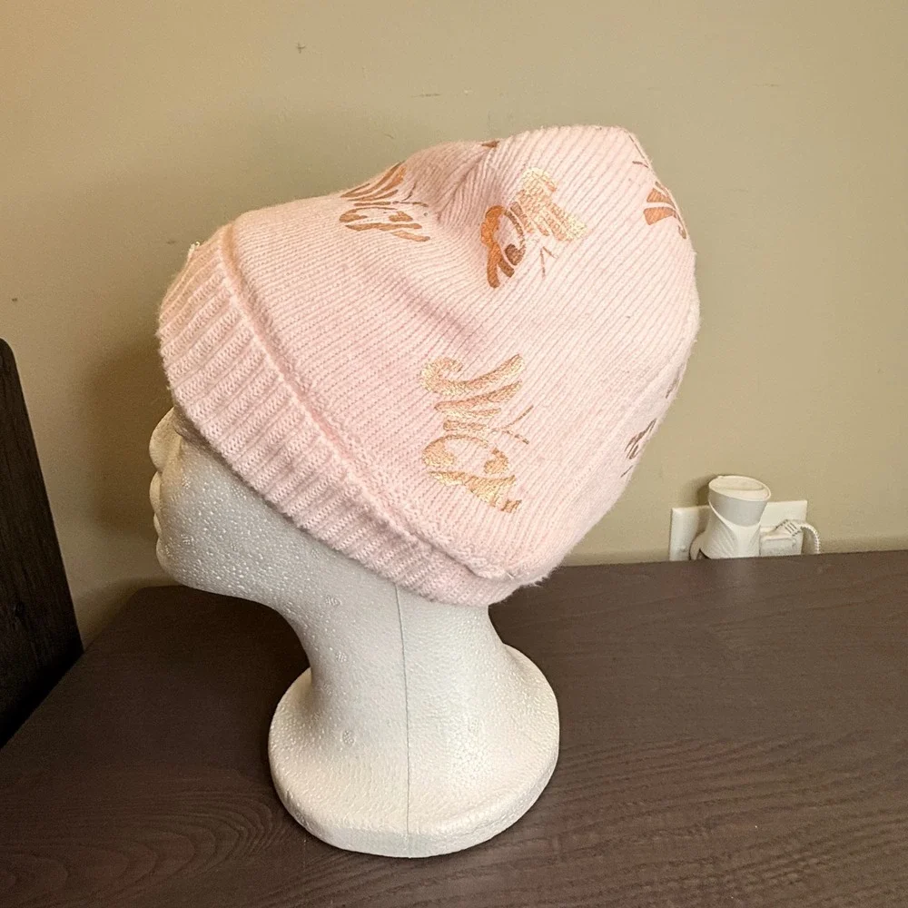 Juicy Couture Kids Pink Knit Beanie Rose Gold Logo Metallic Y2K Faux Fur Lined